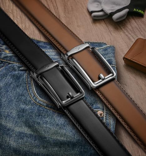 BULLIANT Men Ratchet Belt 2 Pack, Click Sliding Leather Belt Adjustable for Gift Men Dress Casual Jeans 1 3/8,Cut for Fit2
