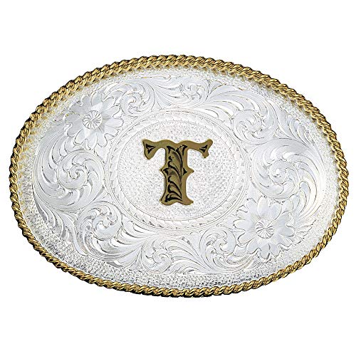 Image of Montana Silversmiths Initial Engraved Gold Trim Western Belt Buckle