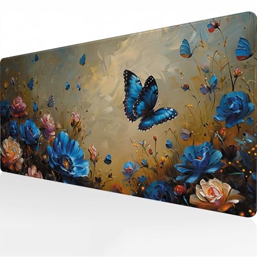 Zuooyi Gaming Mouse Mat XXL Large Mouse Pad 31.5x11.8x0.08 inch Long Mousepad Extended Large Desk Pad with Non-Slip Base and Stitched Edge for PC, Laptop, Game, Home (Flower Butterfly)