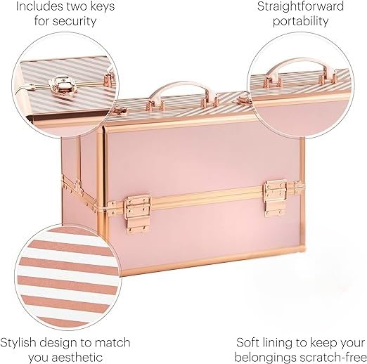 Image of ADSON Nylon Professional Makeup Box Cosmetics Case Jewelry Organiser Vanity Make Up Storage Box Beauty Train Case Lockable with Keys (Striped Rose Gold)