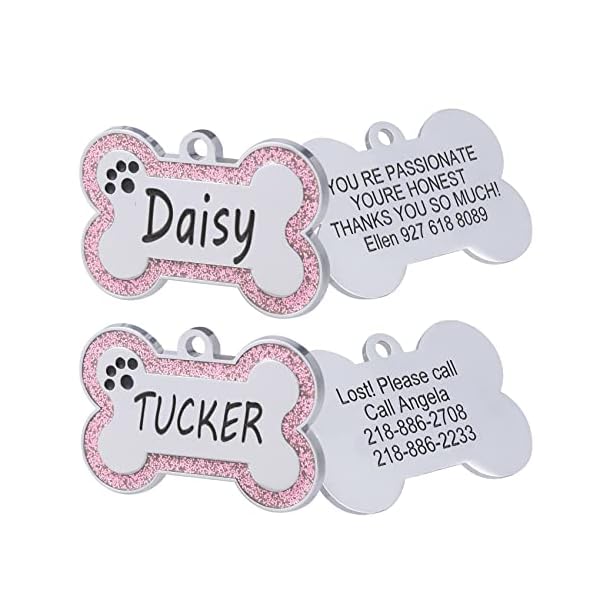 Aimeng Personalized Stainless Steel Pet ID Tags with Glittery Bone Design – DEEP Engraved Dog Tags Engraved for Pets Customized with 5 Lines Dogs and Cats Pets Gift (Small 2 Pack, Pink) Aimeng Personalized Stainless Steel Pet ID Tags with Glittery Bone Design – DEEP Engraved Dog Tags Engraved for Pets Customized with 5 Lines Dogs and Cats Pets Gift (Small 2 Pack, Pink)