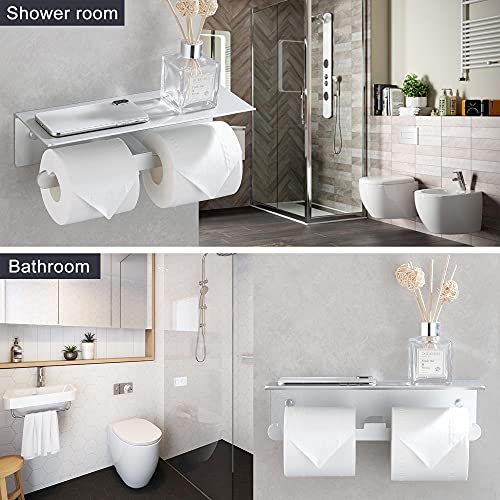 Gricol Double Toilet Paper Holder With Shelf Wall Mount, Dual Self Adhesive Roll Tissue Holder For Mobile Phone Storage, Aluminum Rustproof Commercial Toilet Paper Dispenser #TOP1