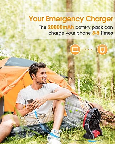 20000Mah Camping Fan, 8” Double Blades Powerful Battery Operated Fan, Battery Rechargeable Desk Fan With Led & Timers, 270°Pivot, Outdoor Portable Fan For Camping, Fishing, Outage, Hurricane #TOP5