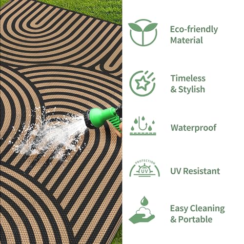 Image of GENIMO 5'x8' Outdoor Rug for Patio Waterproof, Reversible Plastic Straw Rug, Geometric Area Rug Outside Carpet, Camping Mats for Rv, Backyard, Deck, Balcony, Porch, Beach Black&Brown