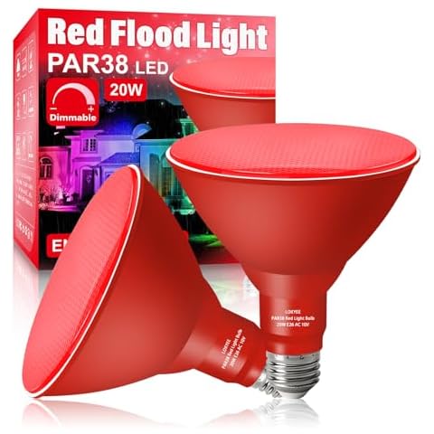 LOXYEE PAR38 Flood Red Light Bulb,2 Pack-Dimmable,E26 Base Red Flood Light Outoor(20W Replace to 200W),Red Light Bulb Outdoor Porch,Colored Light,Spot Light,Halleween,Christmas Lighting Cover