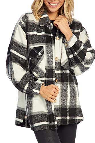 Mud Pie Highland Plaid Womens Oversized Shacket, Black, Large #TOP6