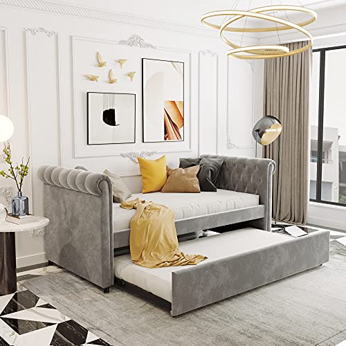 Upholstered Daybed with Twin Size Trundle, Twin Daybed with Wood Slat Support, Upholstered Tufted Sofa Bed,Bedroom Living Room Furniture for Guest,No Spring Box Needed, Gray Upholstered Daybed with Twin Size Trundle, Twin Daybed with Wood Slat Support, Upholstered Tufted Sofa Bed,Bedroom Living Room Furniture for Guest,No Spring Box Needed, Gray