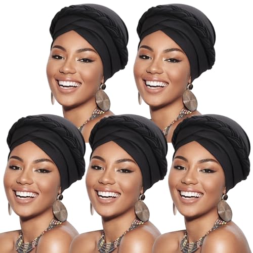 Image of DRESHOW African Women Turban Caps Beanie Twist Headscarf Pre-Tied Twisted Braid Headwraps for Women Chemo Cancer Cap