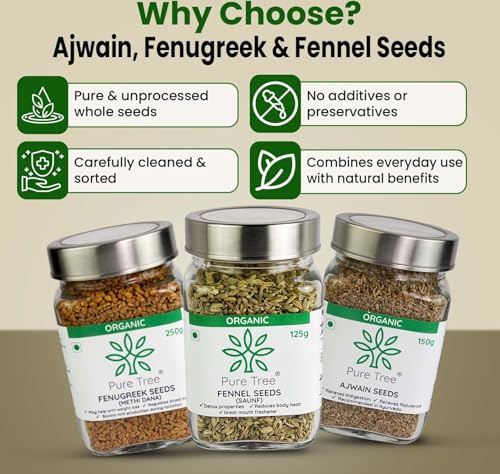 Image of Pure Tree Certified Organic Ajwain 150g, Methi Seeds 250g, Saunf 125g | Glass Jar | Carom, Fenugreek & Fennel | Whole Seeds Vaamu, Methi dana, Variyali Spice Combo Pack
