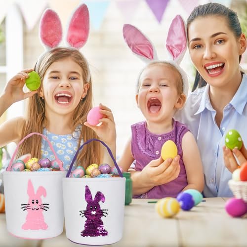 Image of Huaerle 2 Pack Easter Bunny Basket Bags for Kids,Easter Bunny Basket Egg Bags, Easter Egg Hunt Basket with Handle,Canvas Fluffy Tails Rabbit Bags Buckets for Party Gifts(Pink+Purple)