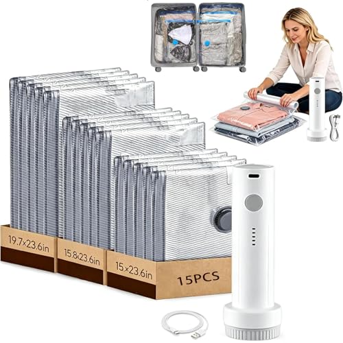 Juego de 12 bolsas de vacío con bomba eléctrica recargable inalámbrica con, 3 tamaños de bolsas de vacío portátiles para ropa, ropa de cama y almacenamiento estacional, ahorrador de espacio