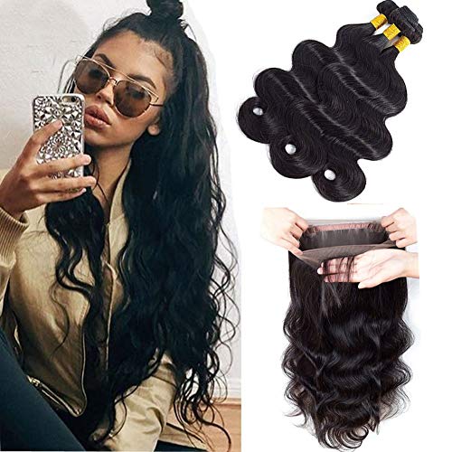 Sweetie Hair 360 Lace Frontal with Bundles Brazilian Human Hair Body Wave Bundles With 360 Frontal Lace Closure Free Part Natural Color (18 18 18 with 16)