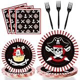 96pcs Pirate Birthday Tableware Set Pirates Party Paper Plates and Napkins Decorations Pirate ship Bone Disposable Dinnerware Supplies for Adult Teens Kids Birthday Party Favor, Severs 24