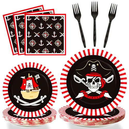 Image of 96pcs Pirate Birthday Tableware Set Pirates Party Paper Plates and Napkins Decorations Pirate ship Bone Disposable Dinnerware Supplies for Adult Teens Kids Birthday Party Favor, Severs 24
