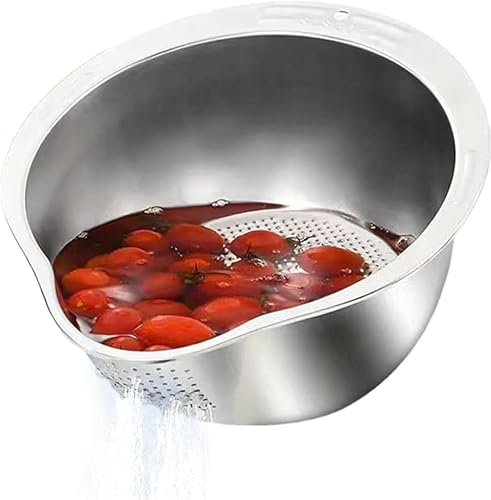 YIJOFU ボウル 水切りボール ざる 米とぎ ライスストレーナーボウル - 野菜みずきり ステンレス 米洗う ザル 野菜 果物洗い キッチン用品 キッチン用ステンレス製クイックドレンストレーナー,ヌードルフィルター、クイックドレン、耐熱性、傾斜底、食器