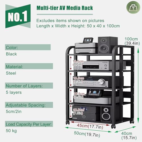 Audio Rack Cabinet Drawer Divider On Wheels - Metal Media Shelf with Height-Adjustable Holder - Black Corner Entertainment Shelf Storage Stand for Bedroom (Color : No Drawers 5 Tier-H100cm)