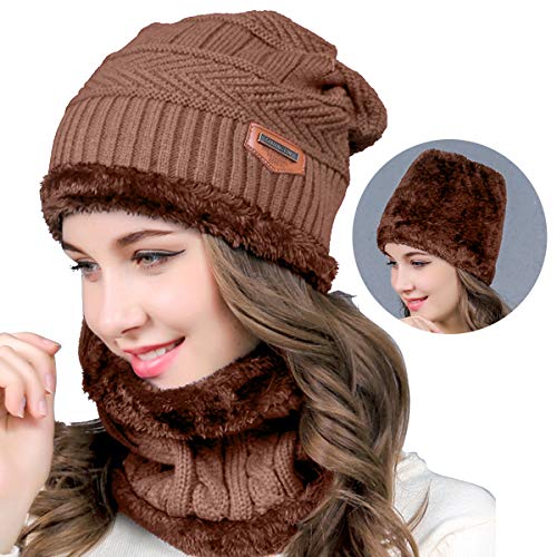 Conjunto de cachecol feminino e masculino de inverno, gorro com círculo, forro de lã reversível, gor
