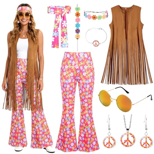 Putfoka Hippie Kostüm Damen, 9 Pcs Faschingskostüme Set Fransen Weste und Hose Accessoires, 60er Jahre 70er Jahre Outfit Hippie Kleidung Damen Disco...