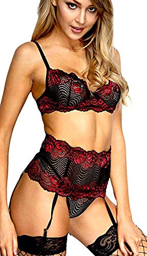 HODAGES Conjunto de Mujer con Correa de Liga de Encaje, Conjunto de Sujetador y Bragas con Tiras de muñeca, Conjunto de Ropa de Dormir, Sujetador de Encaje con Relleno Push-up y Bragas (Rojo L)