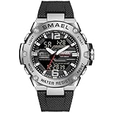 SMAEL Herren Digital Uhr, 5 ATM Wasserdicht Outdoor Tactical Sportuhr, Led-Anzeige Doppelzeit Analog Quarz Uhr, Großes Zifferblatt Chronograph, Mit Stoppuhr,Kalender,Wecker,Black Silver