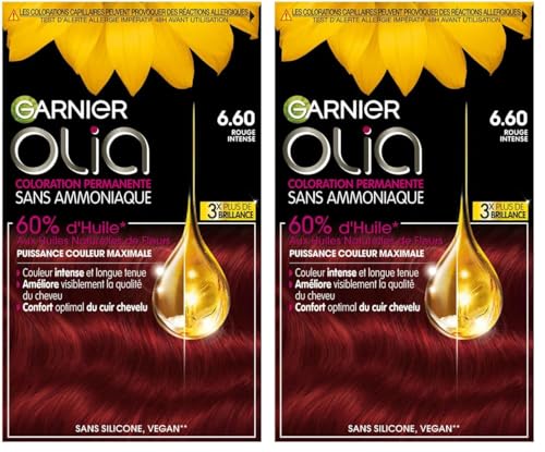 Garnier - Olia Vivids - Coloration Permanente Intense à l’Huile Sans Ammoniaque Rouge - 6.60 Rouge Intense (Paquete de 2)