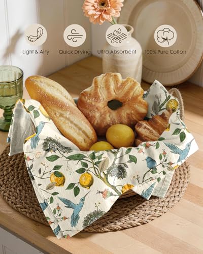 Image of Miss Adola 4PCS Flour Sack Towels - 18 inchx 26 inch Floursack Dish Towels Set of 4 with Hanging Loop Cotton Tea Towel Absorbent French Decorative Dishcloth for Drying Home Decor Housewarming Gift, Lemon Bird