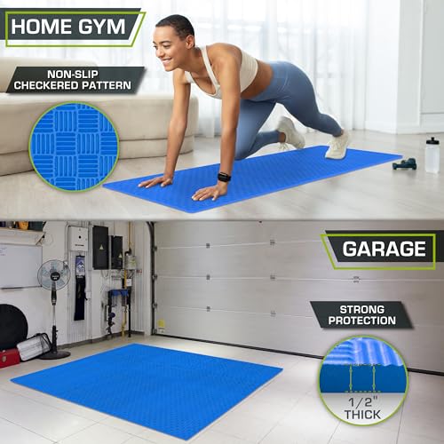 Image of ProsourceFit Exercise Puzzle Mat -inch, Checkered EVA Foam Floor Tiles w / Non-Slip Texture, Interlocking Design for Adjustable Gym Surfaces, Shock Absorbing, Blue, 24 Sq Ft - 6 Tiles