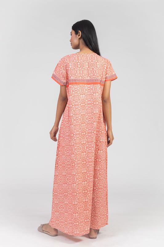 Image of NIHSAMAH Core Style Cotton Night Gown for Women with Pockets | Premium Printed Long Cotton Nighty | Comfortable & Fancy Sleepwear /Nightwear - L (Peach Colour)