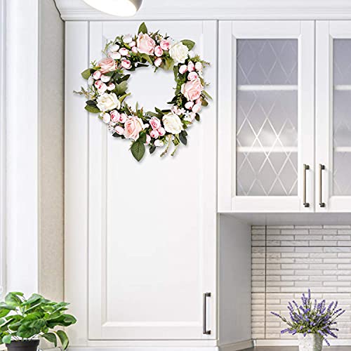 Door Wreath Artificial Roses Flowers Wreaths 13 Inch Floral Garland Welcome Door Wreath Vintage Fake Flowers With Green Leaves For Wedding Party Home Decor Lintel Decoration Light Pink #TOP7