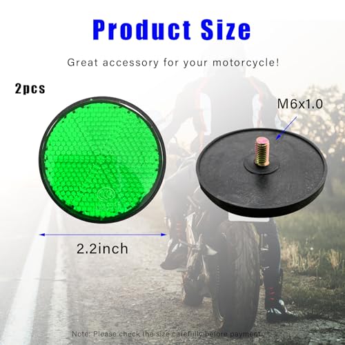 Image of Dickno 2 PCS M6 x 1.0 Motorcycle Reflectors, Plastic Screw Mount Reflective Warning Reflector, Universal Motorbike Rear Safety Reflectors for Motorcycle, Bicycle, Scooter (Round Green)