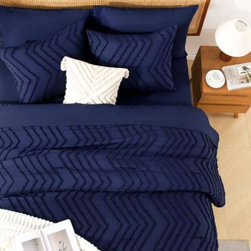 Image of Litanika Queen Size Comforter Set with Sheets Navy Blue - 7 Pieces Bed in a Bag Queen Chevron Tufted Complete Bedding Sets with Comforter, Sheets, Pillowcases & Shams