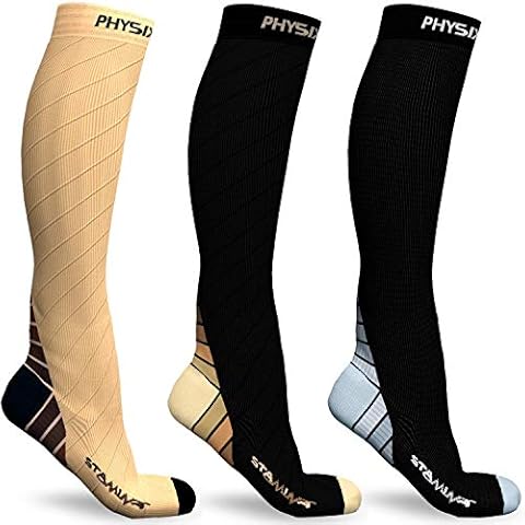 Physix Gear Sport 3 Pairs of Compression Socks for Men & Women in (Black/Grey + Black/Beige + Nude Beige) L-XL Size Cover