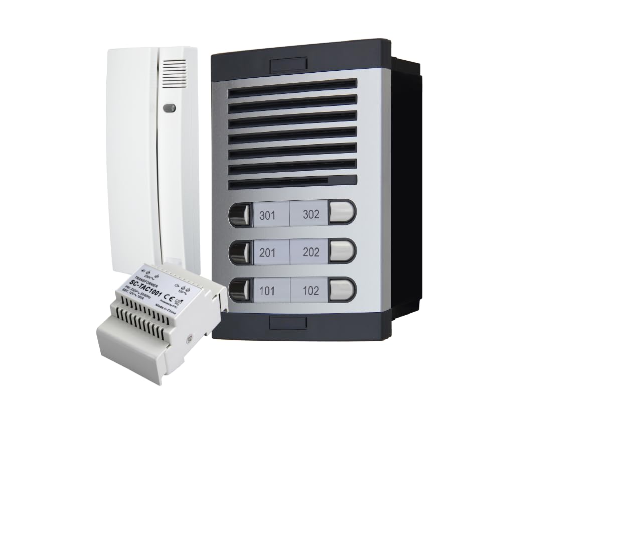 Kit de Portero Automático - 2 Hilos,facil instalación, para comunidades,Completo Placa de Calle, Caja, alimentador DIN 12Vac/1A y teléfonillos (6 Vivienda)