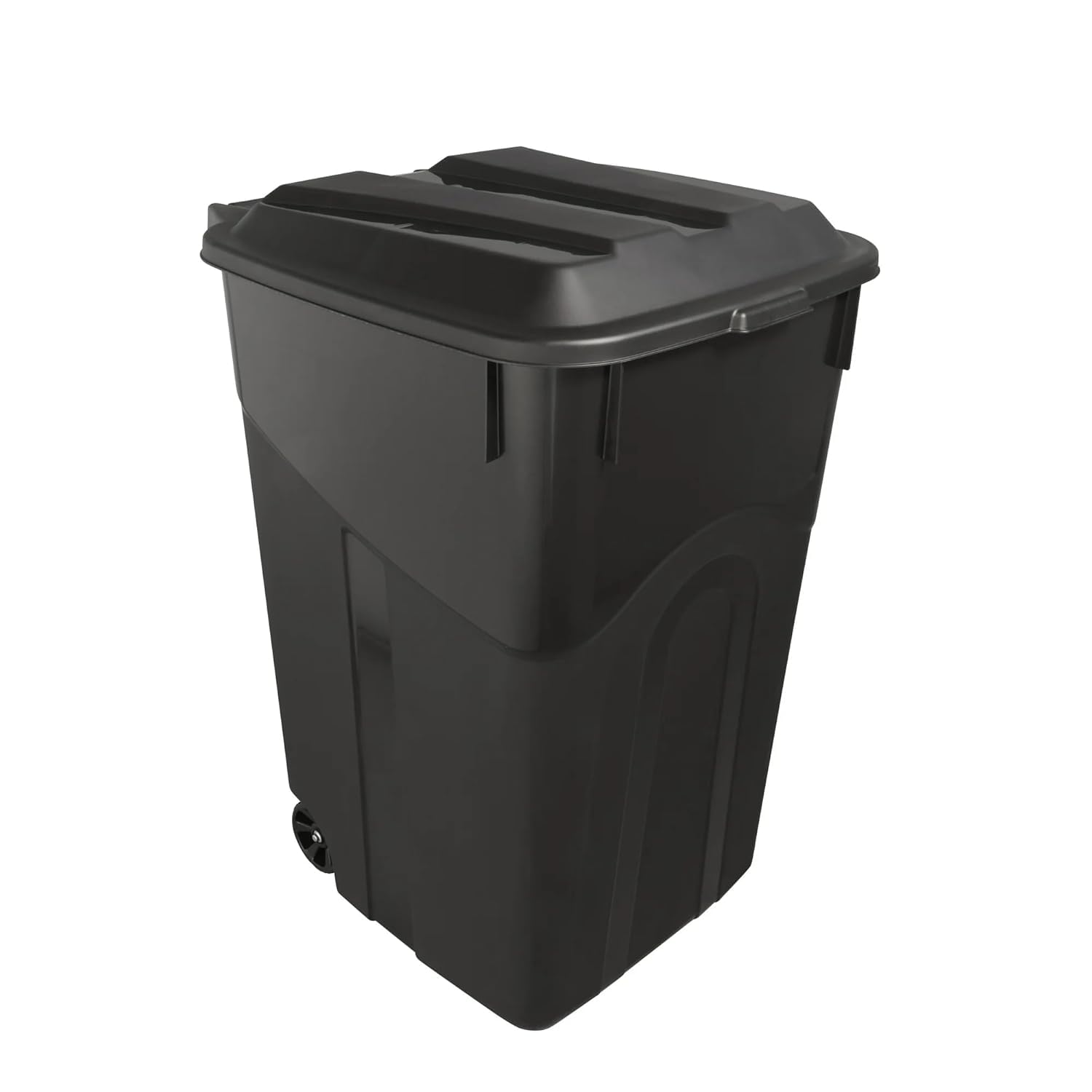 45-Gallon Wheeled Heavy-Duty Plastic Trash Can with Attached Click-Lock Lid, Black