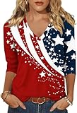 Woffccrd Womens 3/4 Sleeve V Neck American Flag T-Shirts 4th of July Independence Day Summer Graphic Tee Tops (XL,3201 Multicolor)