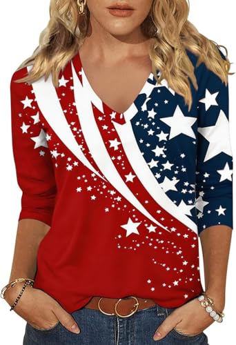 Woffccrd Womens 3/4 Sleeve V Neck American Flag T-Shirts 4th of July Independence Day Summer Graphic Tee Tops (M 3201 Multicolor)