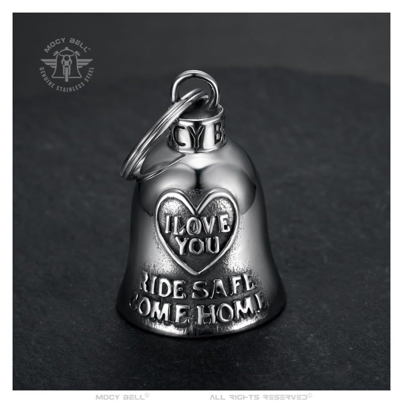 Clochette Moto Mocy Bell - I Love You - Ride Safe - Come Home - Porte-Bonheur Motard en Acier Inoxydable 316L - Talisman Protection et Amour - Cadeau Biker Homme Femme