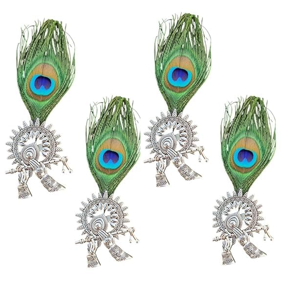 Traditional Krishna Devotional Brooch with Peacock Feather | Gold-Tone Metal Flute Design with Blue Crystal | Handcrafted Spiritual Pin for Wedding, Festive & Ethnic Use