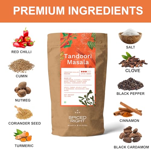 Image of Spiced Right Tandoori Masala | Pack of 4 | 200g | Rich, Smoky Powder Masala for Tikka, Tandoori Chicken & Paneer - Vibrant Red, Perfect for Marinating.
