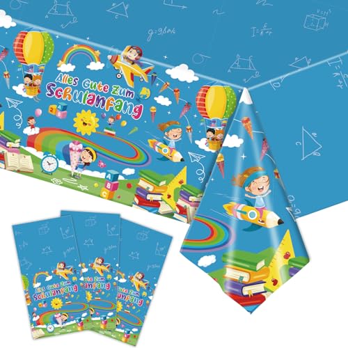 3 manteles escolares con texto en alemán 'Alles Gute zum Schulanfang, Schulanfang Deko Jungen Mädchen, Tischdeko Einschulung für Schule und Klasse Party Dekora,137 × 274 cm Tischdecke Blau