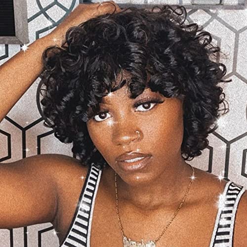 Short Curly Human Hair Wigs with Bangs Soft Fluffy Bouncy Curly Human Hair Wigs Spiral Curly Afro Wigs for Black Women Glueless Brazilian Remy Funmi Curls Kinky Curly Wavy Black Wig with Bangsï¼ˆ1b# 10inchï¼‰