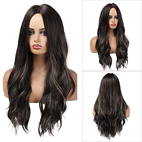 MEIRIYFA Lange gewellte Perücke für Frauen Synthetische Perücken Natürliche lockige Cosplay Perücke (Schwarze mit blonde Highlights) Cover