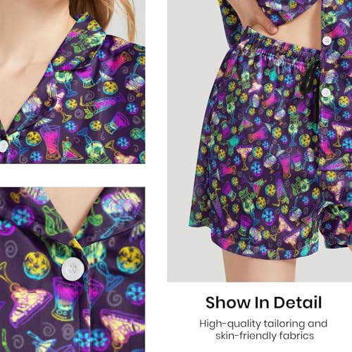 Image of Funny Satin Pajamas Set for Women Button Down Sleepwear Print Pjs Set 2 Piece Short Sleeve Loungewear Gift for Women
