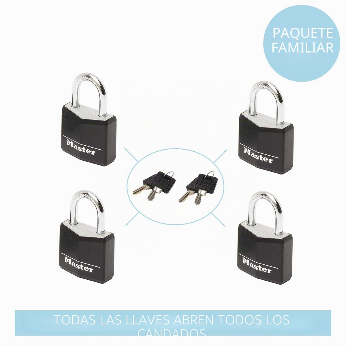 MASTER LOCK Mini Candado, Llave], Lote de 4], Paquete Familiar, 9120EURQBLKNOP adecuado para Maleta, Valija, Taquilla
