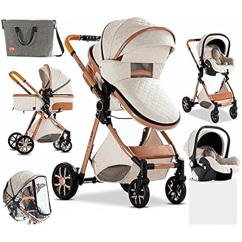 3 in 1 Kombikinderwagen Standardkinderwagen Reisesysteme Kinderwagen Buggy Neugeborener Tragbarer Reisewagen Kinderwagen Faltbarer High Landscape Kinderwagen (225 Creamy White) Cover