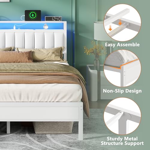 Image of Furnulem White Queen Bed Frame with Charging Station & Led Lights, PU Leather Upholstered Headboard with 2-Tier Storage Shelves, No Box Spring Needed, Metal Slat Support, Easy Assembly