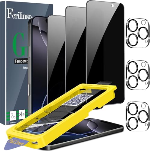 Image of Ferilinso Privacy Screen Protector for iPhone 16 Pro, Tempered Glass | 3 Pack, 9H Hardness, Military-Grade Shatterproof, Case Friendly, Easy Installation Bubble Free, with Camera Lens Protectors
