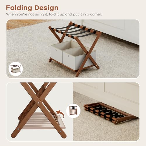 Fully Assembled Walnut Luggage Racks Set of 2 with 4 Storage Boxes, 26.77" Bamboo Luggage Rack Stand for Guest Room, 5 Nylon Straps, Folding Suitcase Stand with Storage Shelf for Bedroom Hotel