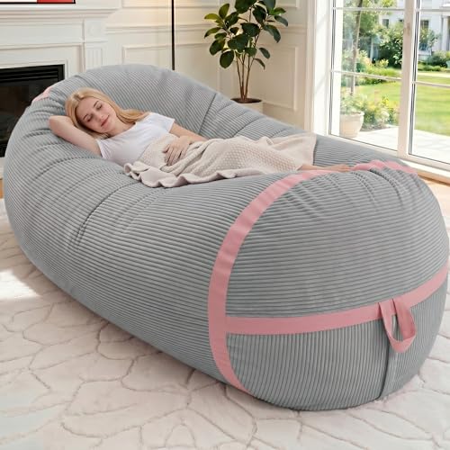 Image of 6FT Bean Bag Chair 6'Giant Bean Bag Chairs with Adults, Large Beanbag Chair | Bean bag Lounger with Machine Washable Cover Corduroy Fabric, Comfy Chairs for Living Room Bedroom Dorm, Lightgrey with Pink