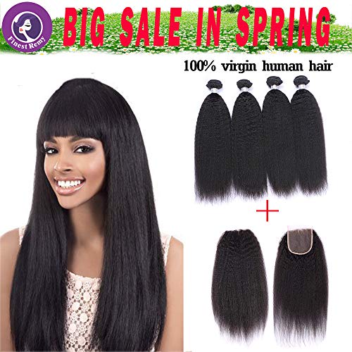 Sakula Brazilian Virgin Remy Kinky Straight Human Hair Extensions 4 Bundles 7A Natural Black (16161818+14)